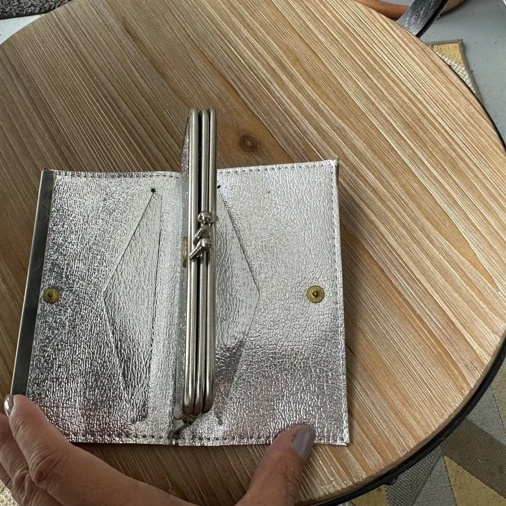 vintage Silver metallic wallet card case with Dot Snappers closure clutch